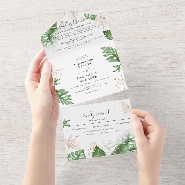 Invitation Tout En Un Feuillage de plage tropical et élégant mariage dor (Déchirure)