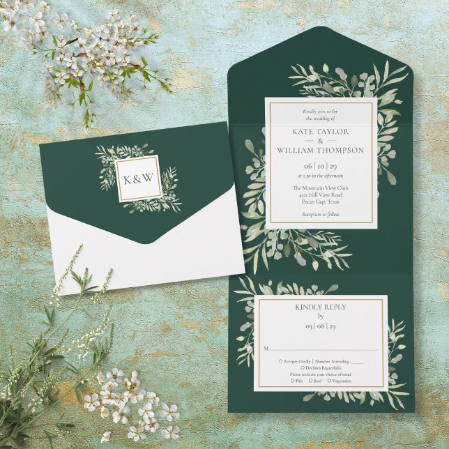 Invitation Tout En Un Feuillage de verdure botanique mariage émeraude (Botanical Greenery Leaves Emerald Wedding All In One Invitation)