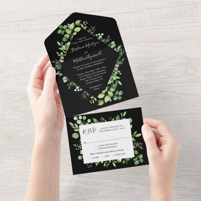 Invitation Tout En Un Feuillage vert Feuille Mariage botanique noir (Déchirure)