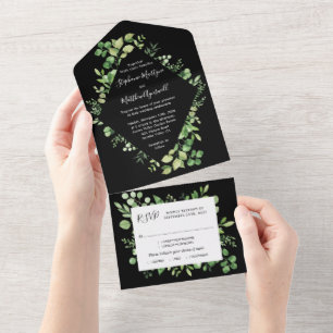 Invitation Tout En Un Feuillage vert Feuille Mariage botanique noir