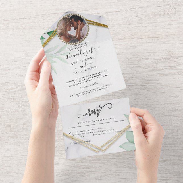 Invitation Tout En Un Feuillage Vert Paillettes Or Mariage (Déchirure)