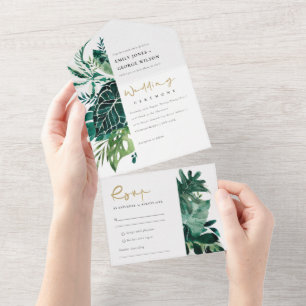 INVITATION TOUT EN UN FEUILLE DE MONSTERA TROPICALE MODERNE VERT AQUAREL