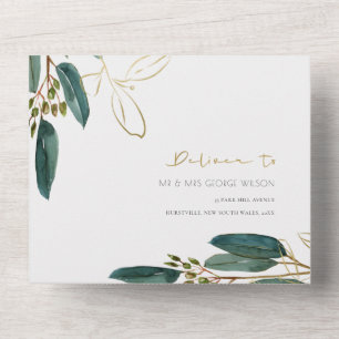 INVITATION TOUT EN UN FEUILLE D'EUCALYPTUS VERT OR A QUATRE SAISONS MARI