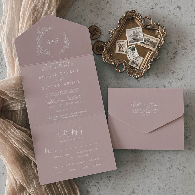 Invitation Tout En Un Feuille minimale | Dusty Rose Mariage (Créateur téléchargé)