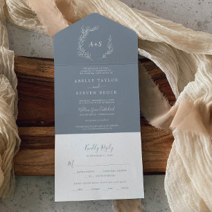 Invitation Tout En Un Feuille minimale Mariage bleu et blanc
