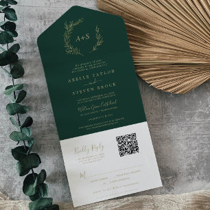 Invitation Tout En Un Feuille minimale Mariage de code QR Gold et Emer