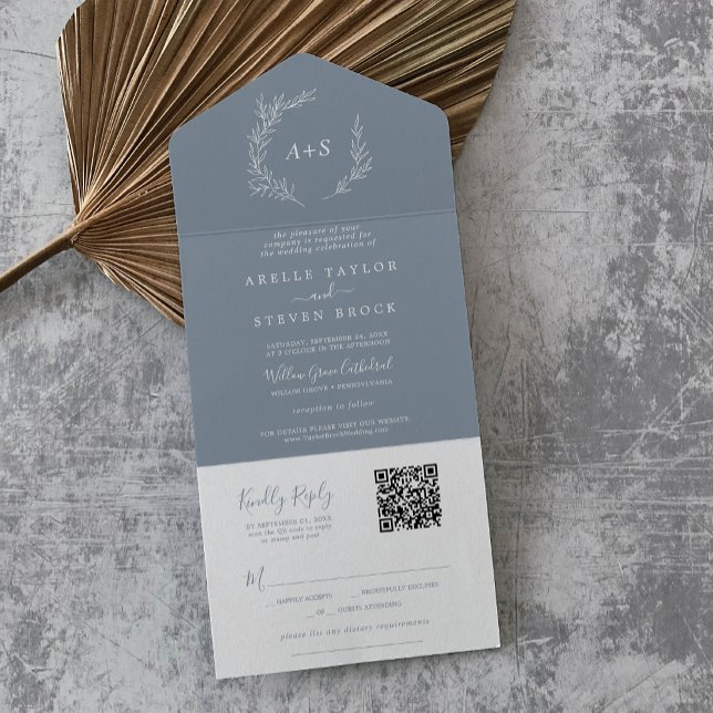 Invitation Tout En Un Feuille minimale | Mariage de code QR simple bleu  (Minimal Leaf | Blue White Simple QR Code Wedding All In One Invitation)