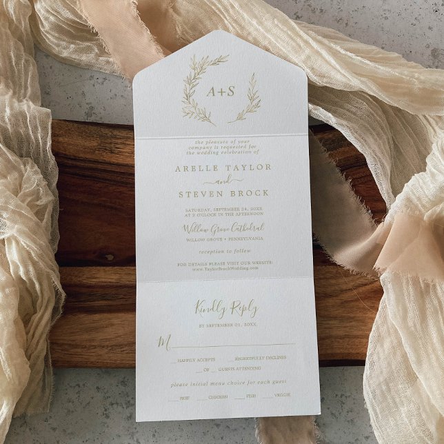 Invitation Tout En Un Feuille minimale | Mariage d'or tout en un (Créateur téléchargé)