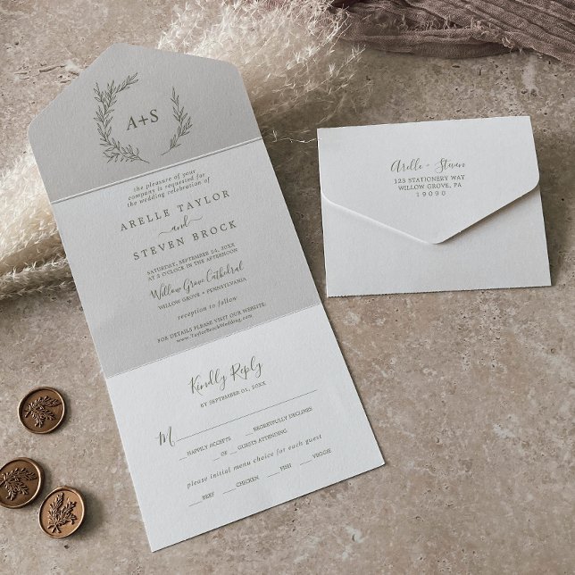 Invitation Tout En Un Feuille minimale | Mariage vert olive (Créateur téléchargé)