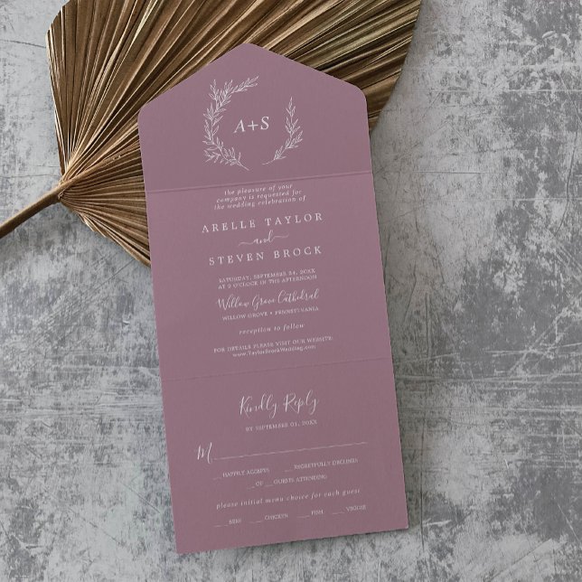 Invitation Tout En Un Feuille minimale | Mauve Mariage (Créateur téléchargé)