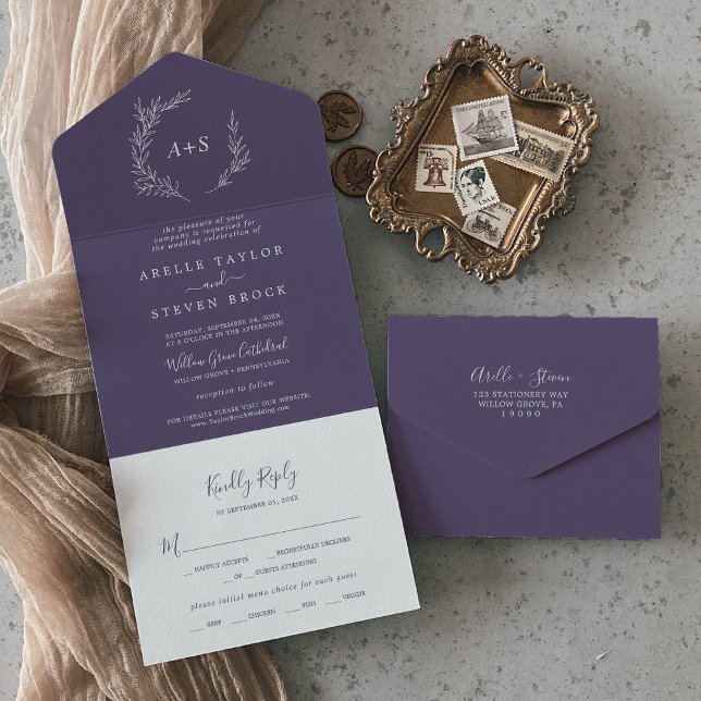 Invitation Tout En Un Feuille minimale | Plum violet Mariage (Créateur téléchargé)