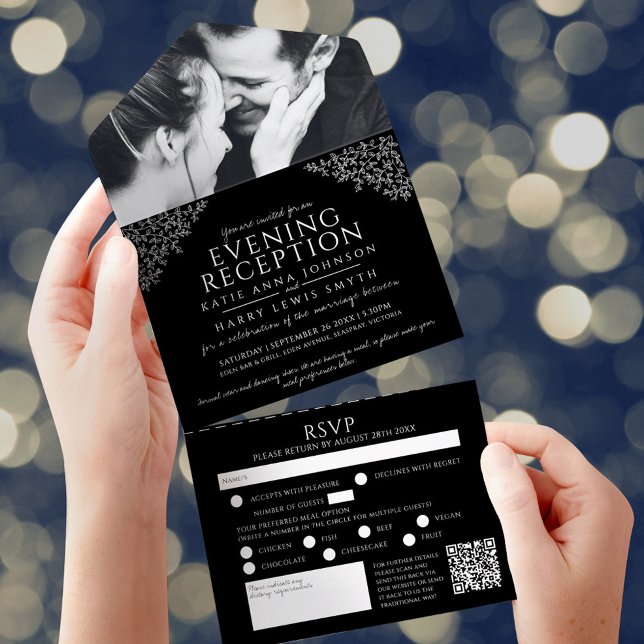 Invitation Tout En Un Feuille noir blanc photo réception soirée RSVP QR (Créateur téléchargé)