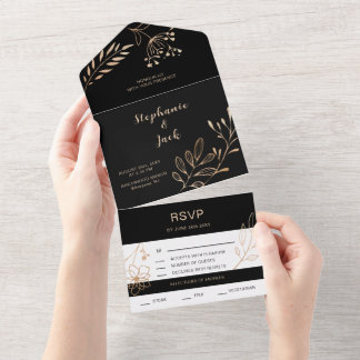 Invitation Tout En Un Feuille noire et or -Mariage