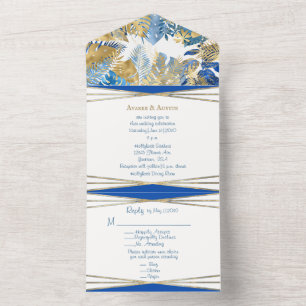 Invitation Tout En Un Feuille Tropicale Gold et Royal Blue