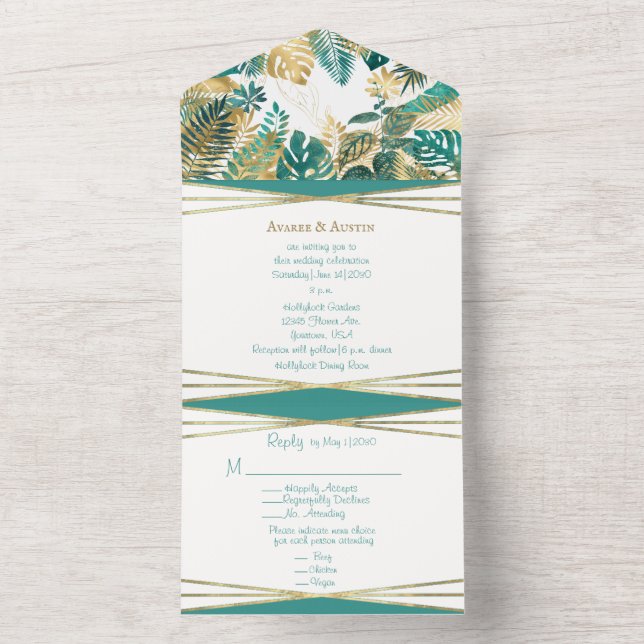 Invitation Tout En Un Feuille tropicale Turquoise et or (À l'intérieur)