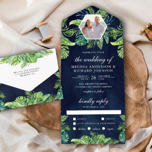 Invitation Tout En Un Feuilles de Palmier Monstera Tropicales Photo Mari
