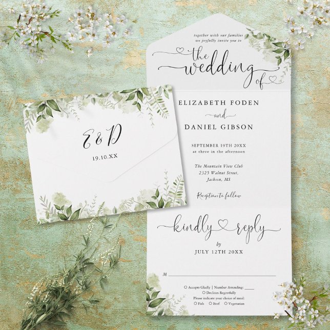 Invitation Tout En Un Feuilles de verdure Écriture élégante Cœurs Mariag (Greenery Leaves Elegant Script Hearts Wedding All In One Invitation)