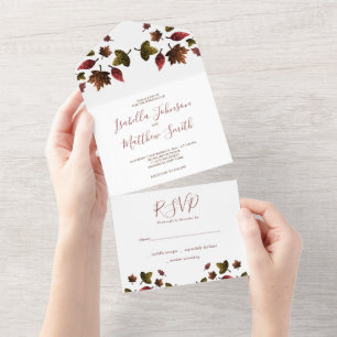 Invitation Tout En Un Feuilles d'or brun rouge brillant automne Mariage 