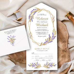 Invitation Tout En Un Feuilles d'or et Mariage floral de lavande