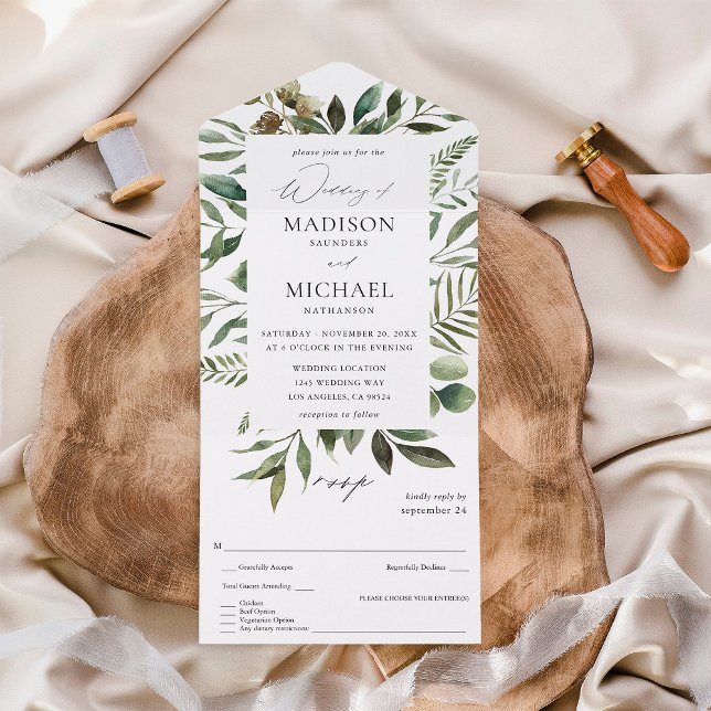 Invitation Tout En Un Feuilles et Eucalyptus Mariage rustique (Créateur téléchargé)