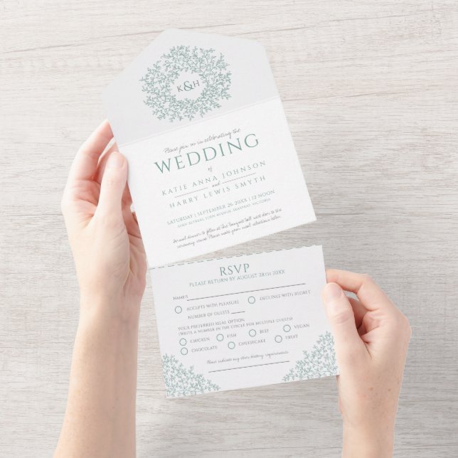 Invitation Tout En Un feuilles mariage blanc muet vert (Déchirure)