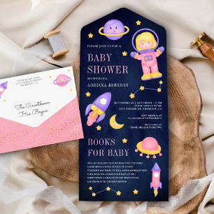Invitation Tout En Un Fille astronaute rose de l'espace extérieur Fête p