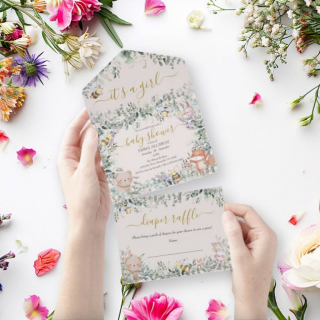 Invitation Tout En Un Fille Bois Animaux Aquarelle Boho Baby shower (Créateur téléchargé)