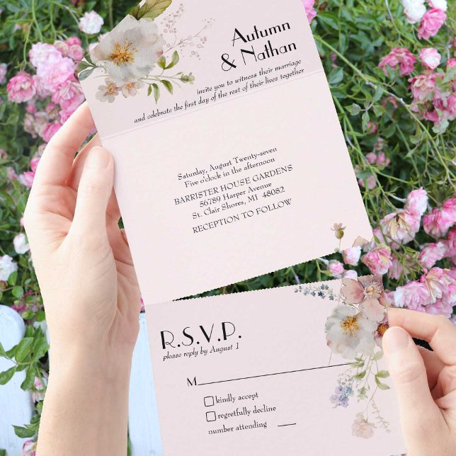 Invitation Tout En Un Fille Mariage douce rose florale fille (A soft pink floral wedding invitation. The all-in-one solution for your wedding budget.)