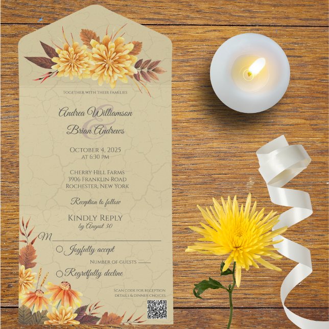 Invitation Tout En Un Filles d'automne avec code QR (Available without QR code or with or without dinner options. )