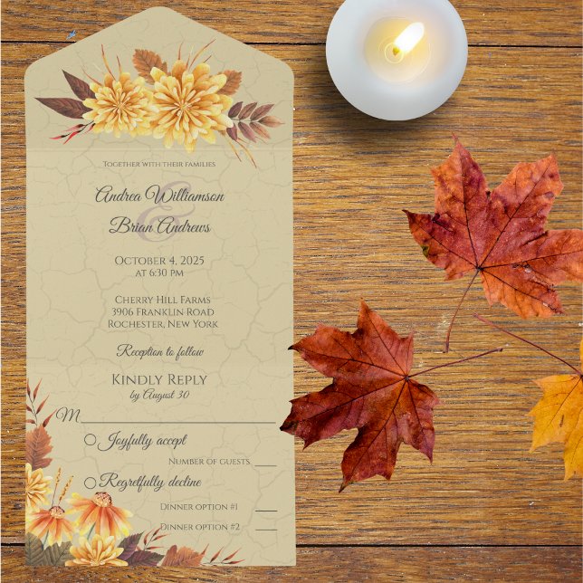 Invitation Tout En Un Filles d'automne avec feuillage (Available without dinner options or with QR code included. )