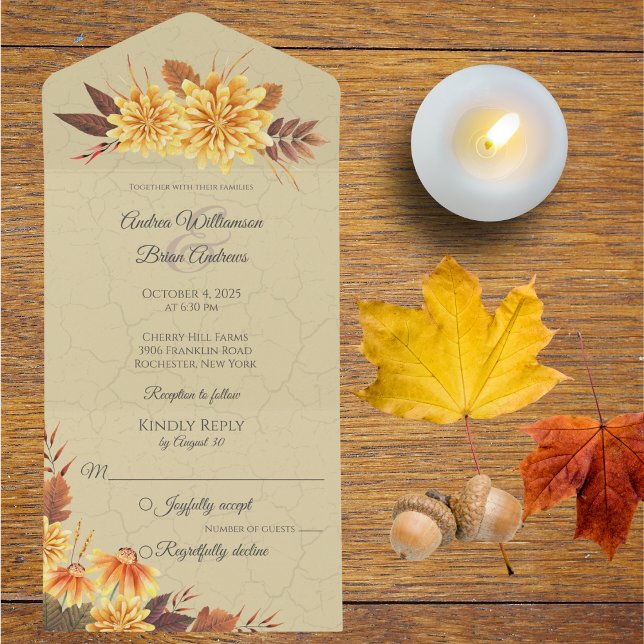 Invitation Tout En Un Filles d'automne avec feuillage (Available with dinner options or QR code. )