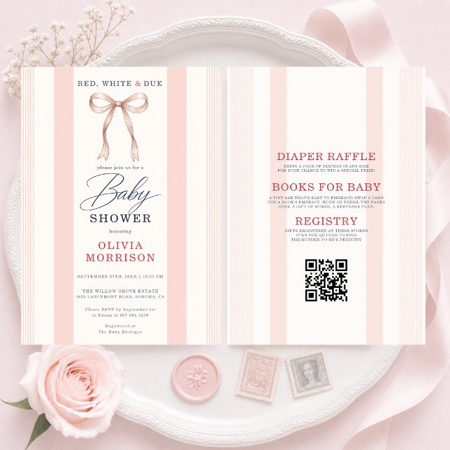 Invitation Tout en Un Filles Rouge Blanc & Prêtes pour Bébé R (Créateur téléchargé)