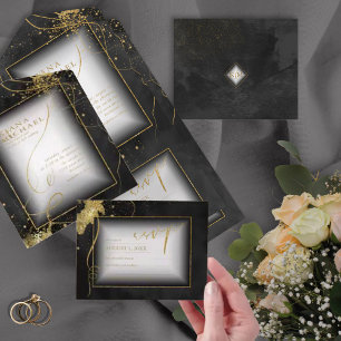 Invitation Tout En Un Fine Lines Gold Abstrait Mariage V3 Black ID867