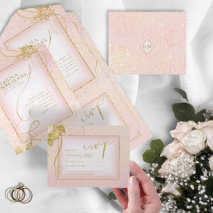 Invitation Tout En Un Fine Lines Gold Abstrait Mariage V3 Blush ID867