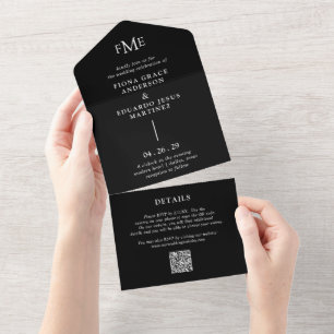 Invitation Tout En Un Fiona Black Bold Monogramme Mariage moderne