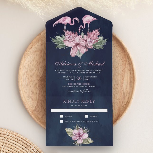 Invitation Tout En Un Flamant rose floral rose tropical Mariage bleu mar (Créateur téléchargé)