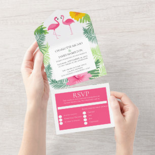 Invitation Tout En Un Flamant rose rose personnalisé Mariage tropical