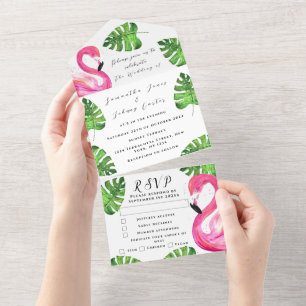 Invitation Tout En Un Flamant rose Tropical Feuille Floral Mariage