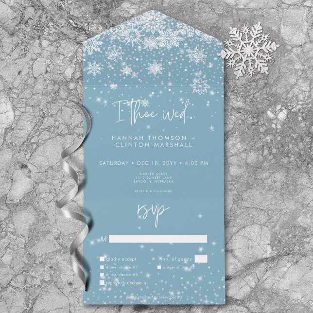 Invitation Tout En Un Flammes de neige blanches modernes Dîner bleu (Modern White Sparkle Snowflakes Blue Dinner All In One Invitation)