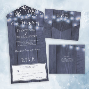 Invitation Tout En Un Flammes de neige d'hiver lumières de bois mariage