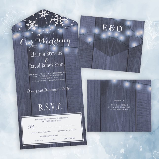 Invitation Tout En Un Flammes de neige d'hiver lumières de bois mariage  (Créateur téléchargé)