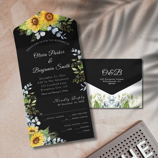 Invitation Tout En Un Fleur de tournesol Foliage noir blanc Mariage (Sunflower Greenery Foliage Black White Wedding All In One Invitation)