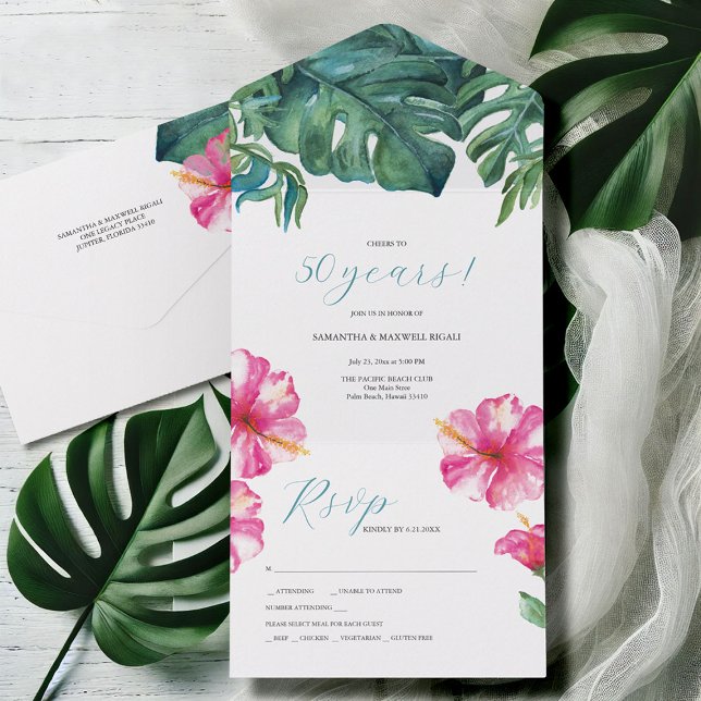 Invitation Tout En Un Fleur d'Hibiscus tropical 50e anniversaire de Mari (50th wedding anniversary invitations with rsvp tropical watercolor floral by Victoria Grigaliunas)