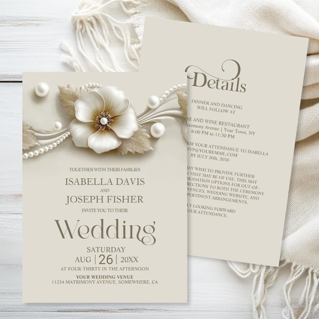 Invitation Tout en Un Fleur et Perles Mariage (Créateur téléchargé)