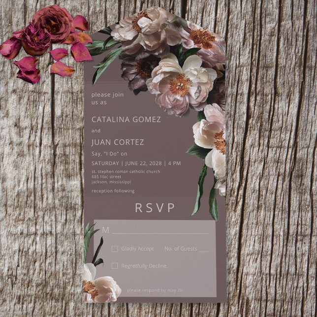 Invitation Tout En Un Fleur foncée moderne fleurs Brown Pas de dîner (Also available with a QR code or with dinner selection options.)