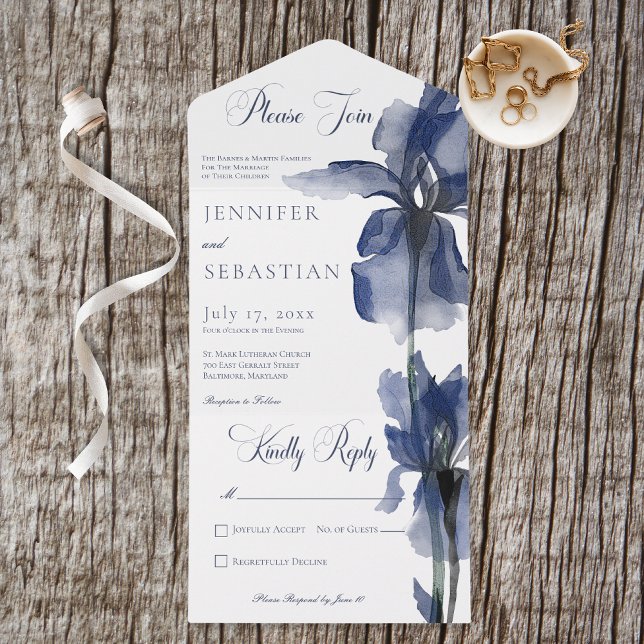 Invitation Tout En Un Fleur moderne bleue Iris Pas de dîner (Also available with a QR code or with dinner selection options.)