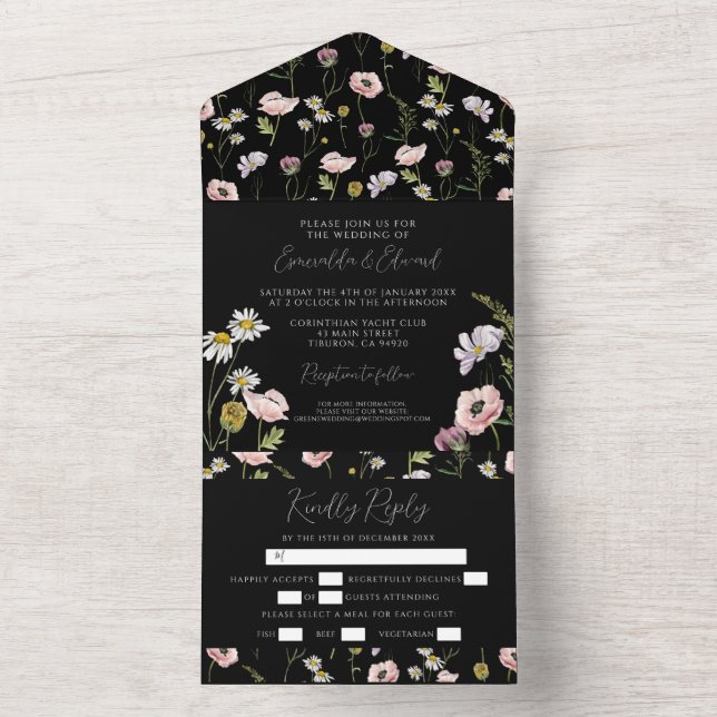 Invitation Tout En Un Fleur noire moderne Botanique Jardin Mariage (À l'intérieur)