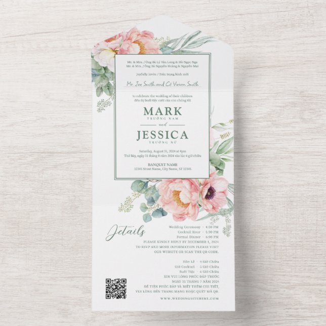 Invitation Tout En Un Fleur rose vietnamienne bilingue (À l'intérieur)