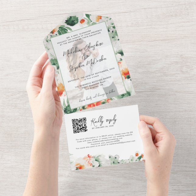 Invitation Tout En Un Fleur sauvage aquarelle botanique QR Code photo (Déchirure)