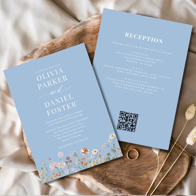 Invitation Tout en un Fleur sauvage bleu Dusty Mariage de cod (Créateur téléchargé)